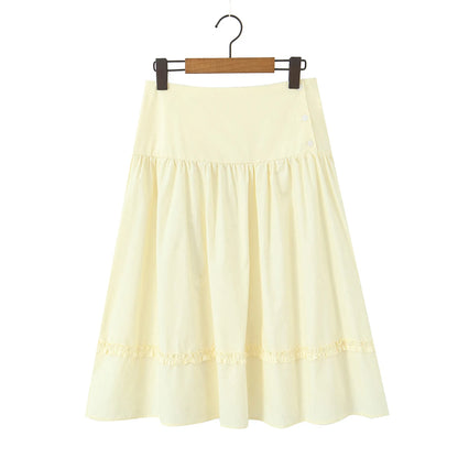 New 2025 Holiday Buttons Low Waist Midi Long Skirt Women Spliced Ruched Wood ears Swing A-lined Skirts Boho Yellow White