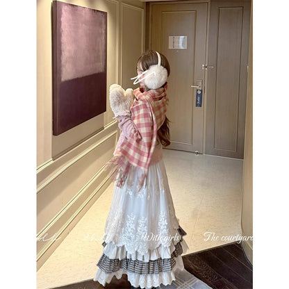 MEXZT Vintage Midi Skirt Women Kawaii Lace Plaid Patchwork Skirts Winter Harajuku Korean Ruffles High Waist Casual A Line Faldas