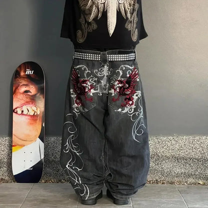 High Street Fashion Trendy Embroidery Pattern Harajuku Gothic Straight Wide Legs Casual Loose Punk Washed Old Denim Trousers