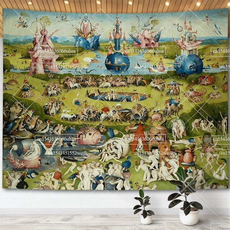 Hieronymus Bosch Garden Of Earthly Delights Tapestry Wall Art Decor Paintings Retro Tapestries Aesthetic Room Decoration Posters