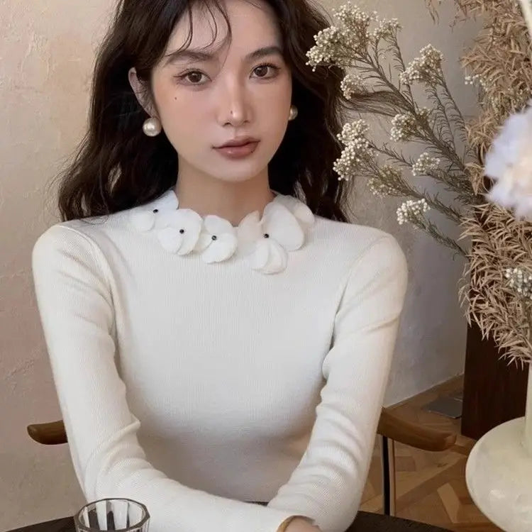 KUSAHIKI Elegant Flowers Stand Neck Slim Pullover Knitwear Tops 2024 Spring New Bottoming Women Knitted Sweater Sueter Mujer