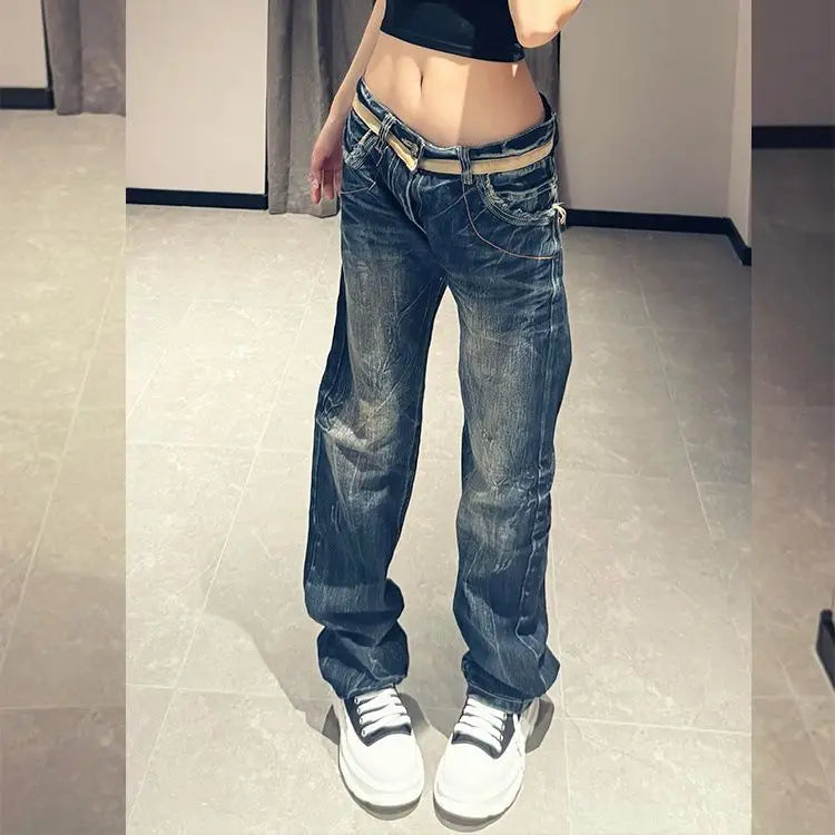 Women's American Personalized Wing Embroidered Jeans 2025 Low Waist Design Micro Flared Jeans Retro Harajuku Y2K Joker Jeans