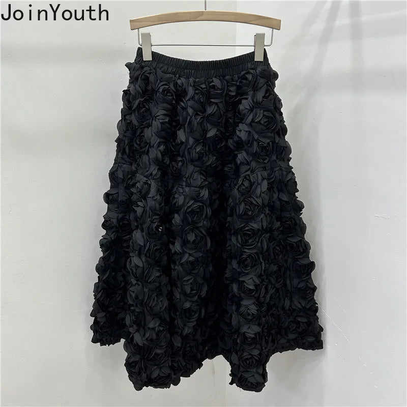Chic 3D Floral Skirt for Women Temperament Jupe 2025 Faldas Mujer De Moda High Waist Loose Saia A-line Sweet Solid Color Skirts
