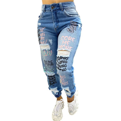 Women Trend Letter Print Pencil Jeans Stretch Drawstring Trousers Slim Denim Pants Female Fashion Casual Broken Holes Streetwear