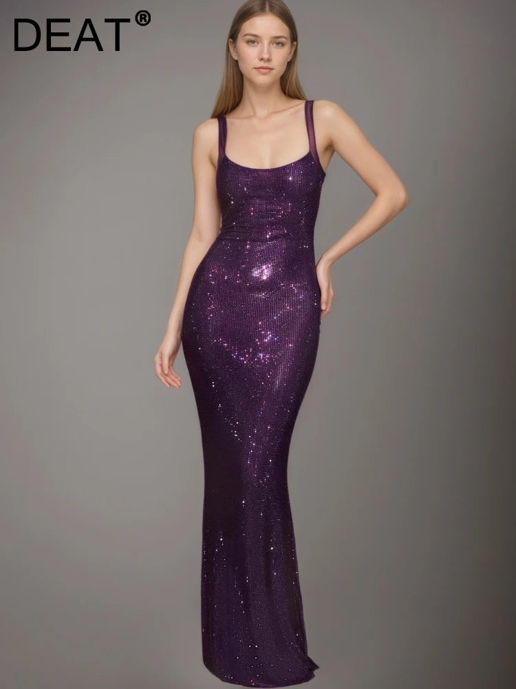 DEAT Fashion Rhinestone Purple Spaghetti Strap Evening Dress Women's Slim Backless Ankle-length Dresses New 7A2294
