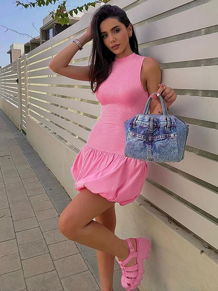 Summer Elegant Knitting Sleeveless Backless Short Bubble Ball Women'S Dresses Elegant Evening Casual Clothing Y2K Streetwear