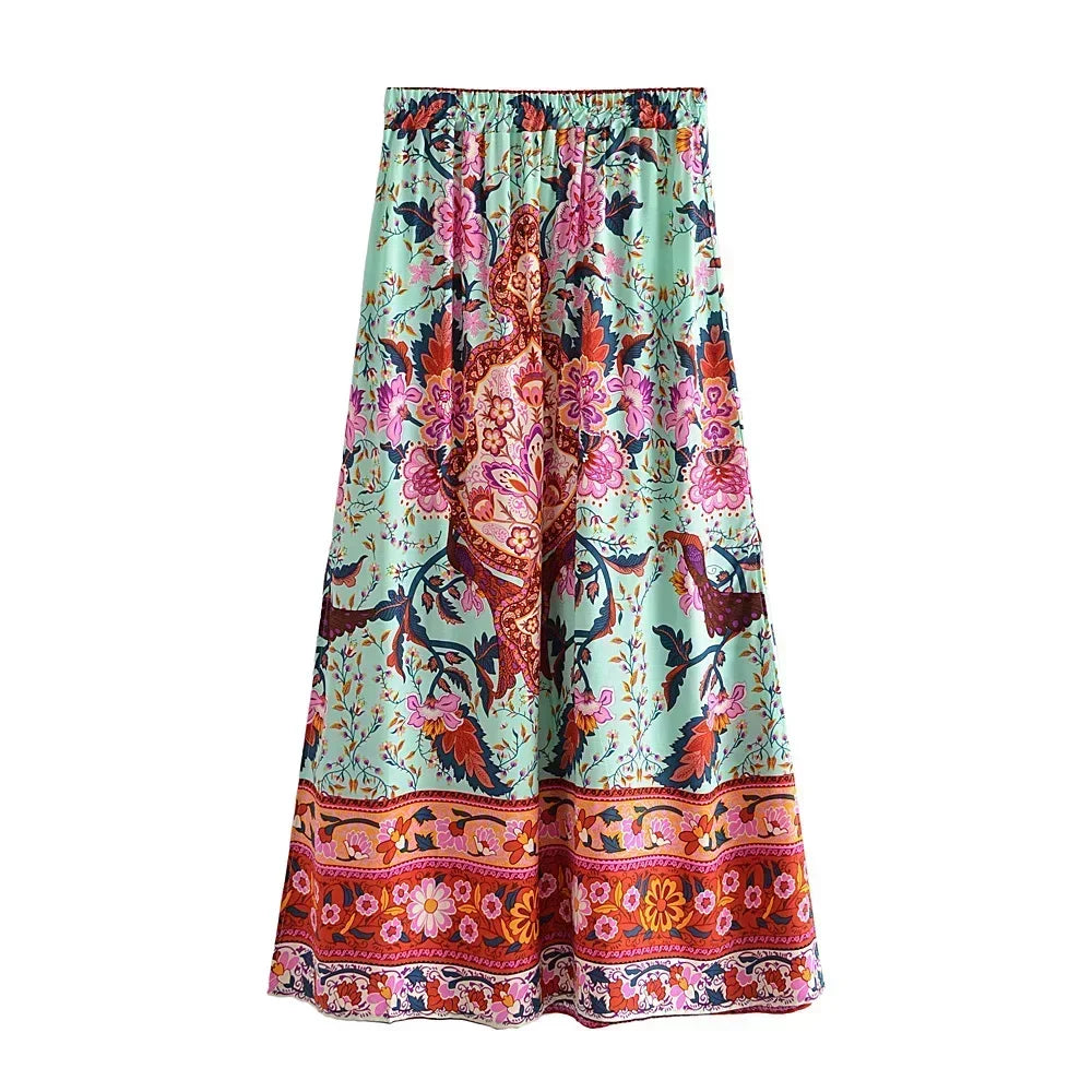 Boho Queens Peacock Women Vintage Floral Printed Tassel Beach Bohemian Maxi Skirts Ladies Elastic Waist Rayon Long Skirt