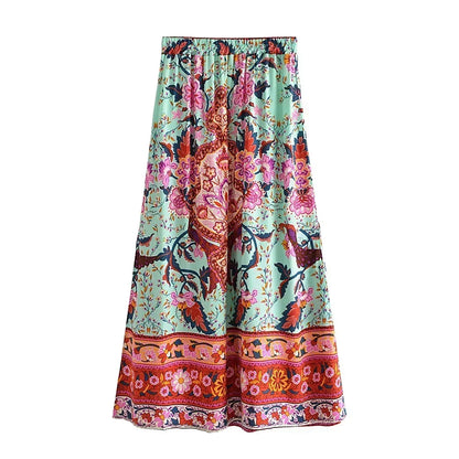 Boho Queens Peacock Women Vintage Floral Printed Tassel Beach Bohemian Maxi Skirts Ladies Elastic Waist Rayon Long Skirt