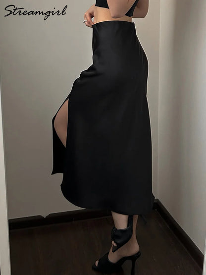Women High Quality Satin Skirt Midi Elastic Waist Split Skirts Ladies Office Black A Line Satin Skirts With Split For Women
