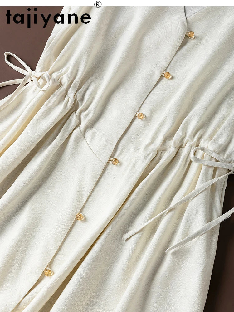 TAJIYANE 100% Mulberry Silk Dress Woman Summer 2025 Long Tank Dresses Vacation V-neck White Frocks Ladies Clothes Robes Longues