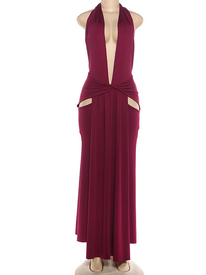 Weird Puss Backless Dress Women Halter Hollow Ribbon Patchwork Side Split Summer Elegant Sexy Birthday Party Clubwear Bodycon