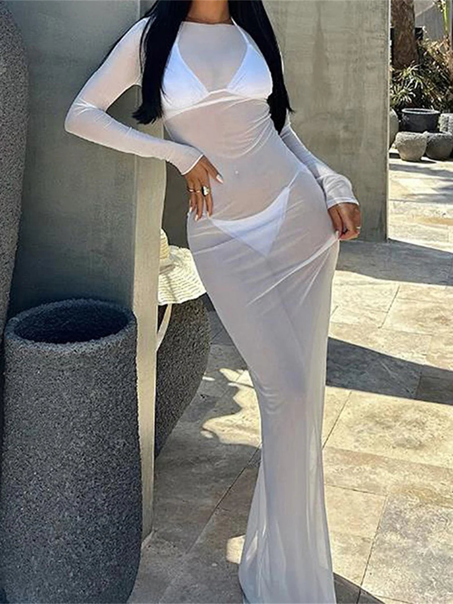 Women's Sheer Mesh Dress Solid Color Boat Neck Long Sleeve Bodycon Long Dress See Through Sexy Beach Club Cover-ups Dresses