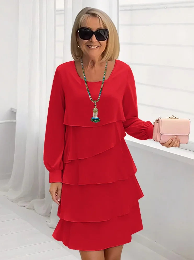 Autumn Women's Cake Chiffon Dress New Casual Elegant O-Neck Party Irregular Layered Long Sleeve Fashion Mini Dresses For Women