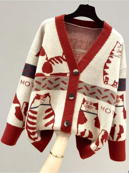 2023 Spring and Autumn New Cartoon Contrast Color Fashion Sweater Women's V-neck Knitted Cardigan Coat Trend