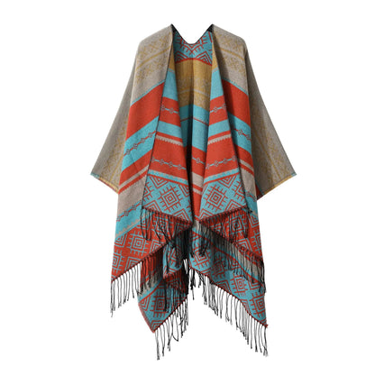 Poncho New Split Warm Shawl Vintage Ethnic Style Scarf Imitation Cashmere Tassel Women Cape Lady Cloak Warm Coat Khaki