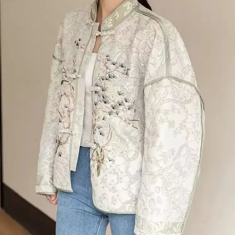 High Quality Jacquard Embroidery Short Jacket Women Loose Vintage Korean Long Sleeve Tangsuit Cheongsam Coats Chinese Style Tops