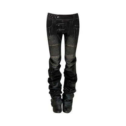 American Street Oversize Washed Retro Heavy Industry Motorcycle Jeans Women Low Waist Slim Fit Distressed Pleat Scratched Jeans