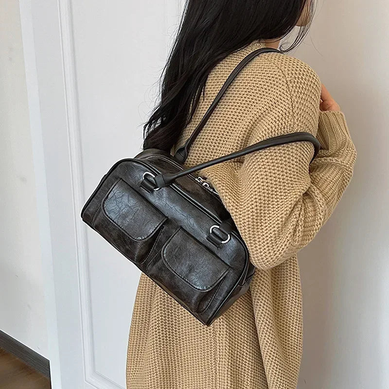Retro Small Double Pockets Shoulder Bags for Women 2026 New Fashion Trend Designer Underarm Bag Female Handbags and Purses