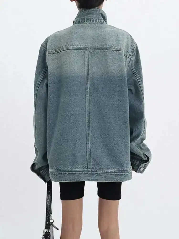 2025Fashion lapel denim jacket asymmetrical design  women's denim coat loose casual streetwear  outerwear  female coat