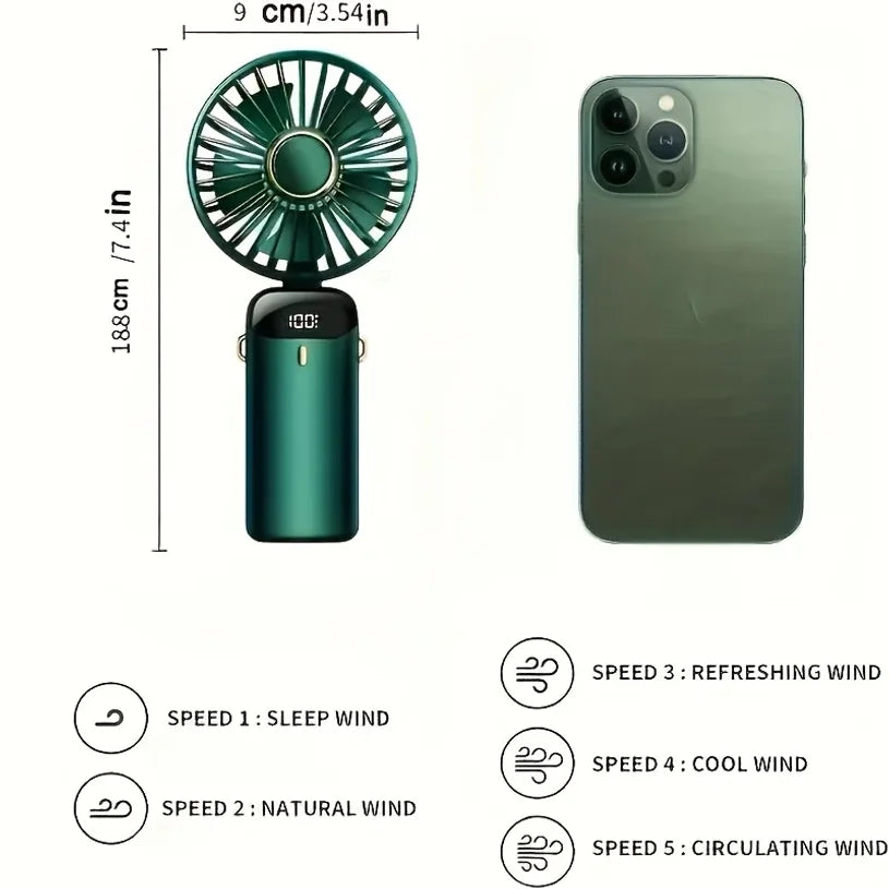 Portable Mini Fan With 5 Speeds LED USB Rechargeable Charging Small Foldable Battery Fans Handheld Desk Bedroom Indoor Outdoor