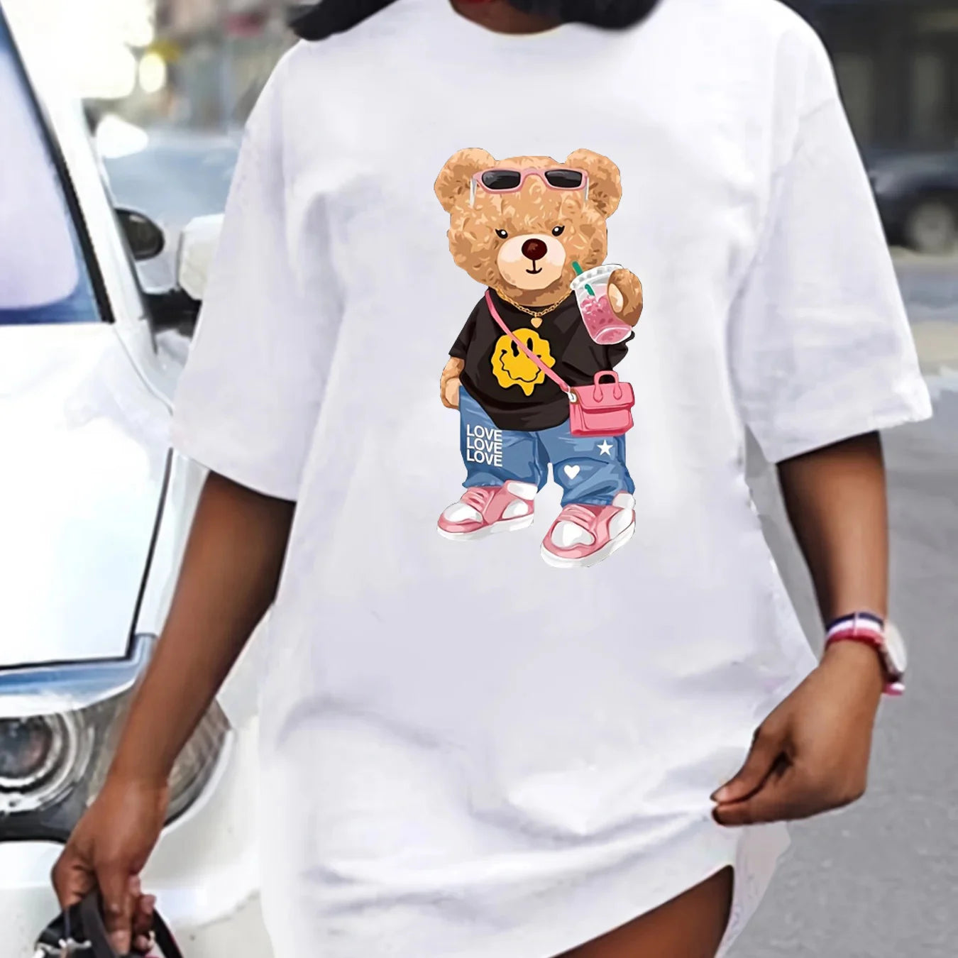 Women's Summer Casual Loose Size BEAR cartoon Print Round Neck Short Sleeve T-shirt Dress Fashion Streetwear Oversized O-Neck