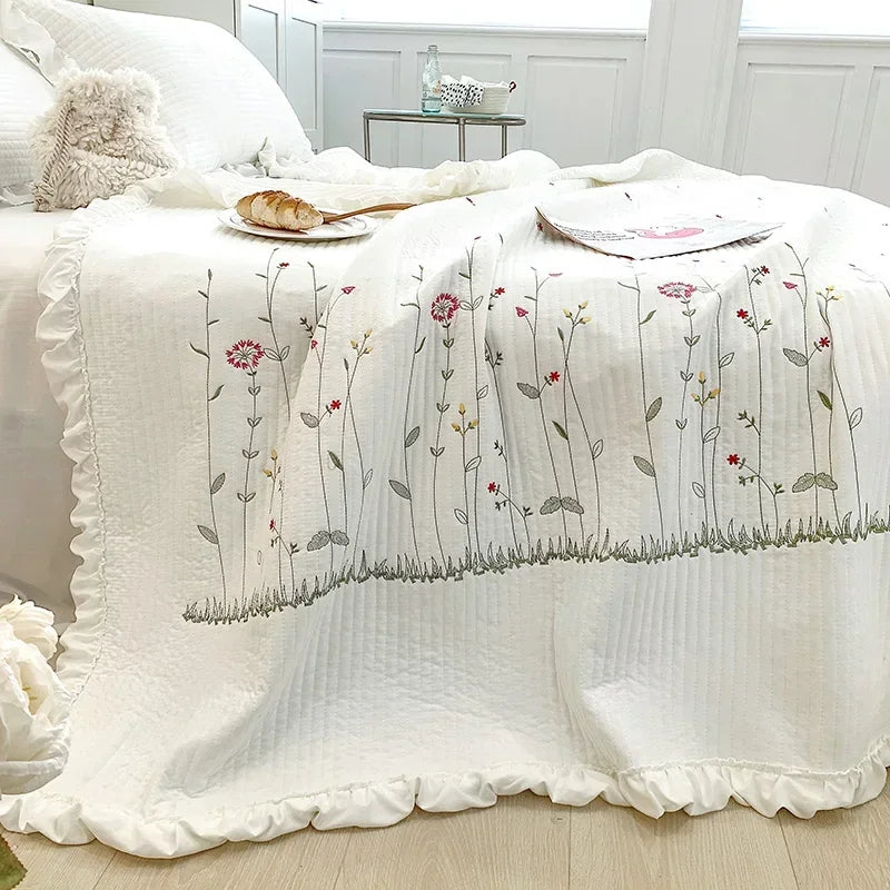 Ruffles Flowers Embroidery Spring Summer Quilt 1/3/4 Pcs Set Princess Quilted Bedspread Air-conditioning Blanket Comforter Duvet