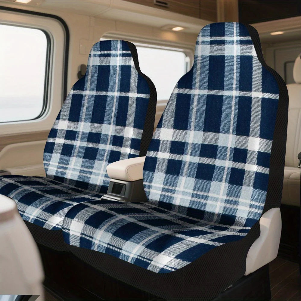 Set Of 2 Universal Car Seat Covers In Blue And White Plaid Design Suitable For Most Vehicles – Fashionable, Long-Lasting, Premiu