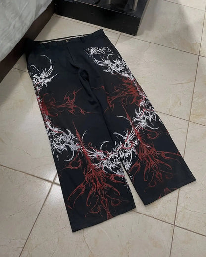 New Cyberpunk Jeans Mens American Y2K Red Graphic Street Goth Baggy Wide-Leg Pants Harajuku Hip-Hop Straight Pants