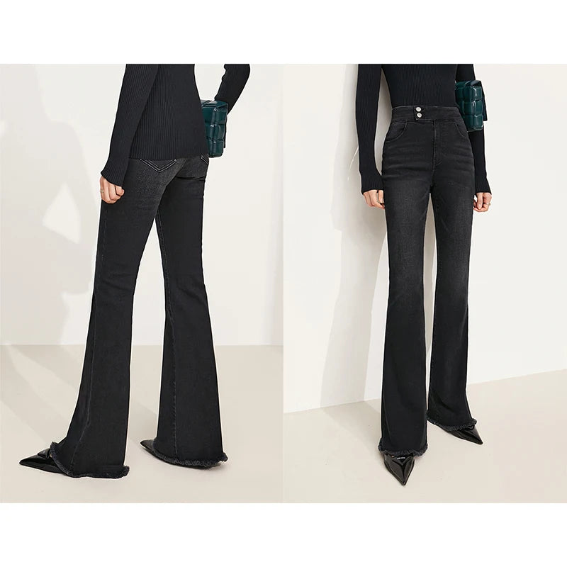 AMII Jeans For Woman 2025 Winter New Slim-fit Warm Versatile Flared Pants Simple Commuter Casual Casual Woman Trousers 12344022
