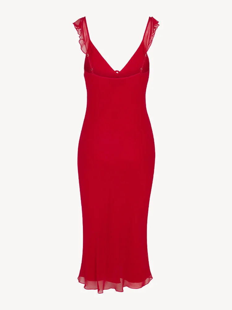 2024 Summer New Homemade Misty Elegant Gentle Sexy Style Flower V-neck Low cut Diagonal Cut Silk Dress