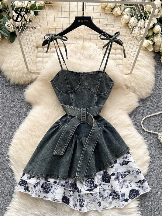 SINGREINY Streetwear Demin Strap Dress Sleeveless With Belt Design Sundress 2025 Summer Floral Splice Ladies Ball Gown Dress