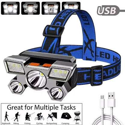 Headlamp Rechargeable,12000 Lumen Ultra Bright 5 LED Headlight Flashlight,Brightest USB Rechargeable Headlamps