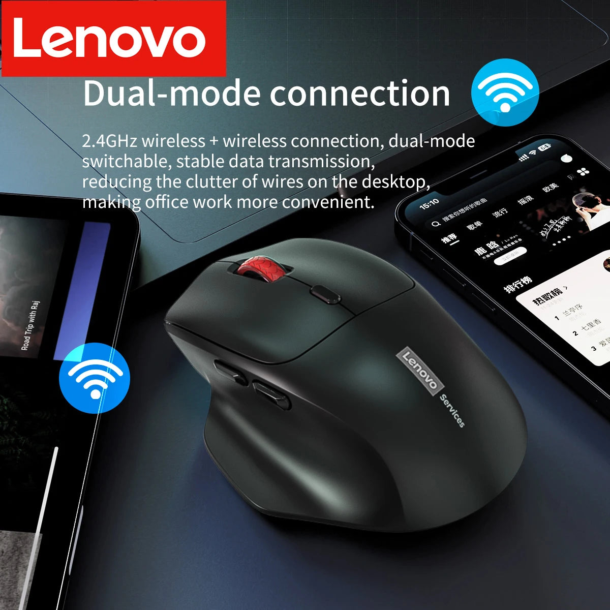 Lenovo Office Business N230 Wireless Mouse Dual Mode Bluetooth 2.4G Silent Ergonomic Rechargeable Office Laptop Computer Mouse