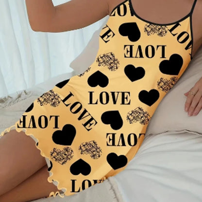 1 Piece Casual & Comfy Heart & Letter Print Nightdress, Lettuce Trim Sexy Slip Short Nightdress, Women's Sleepwear & Dresses