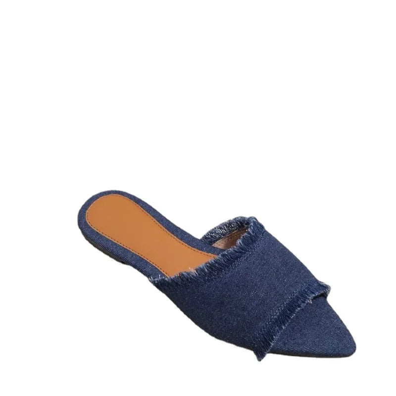 Women Flats Cowboy Slippers Fashion Beach Dress Shoes  Summer Femme Pointed Toe Flip Flops New Casual Slides Zapatos Mujer