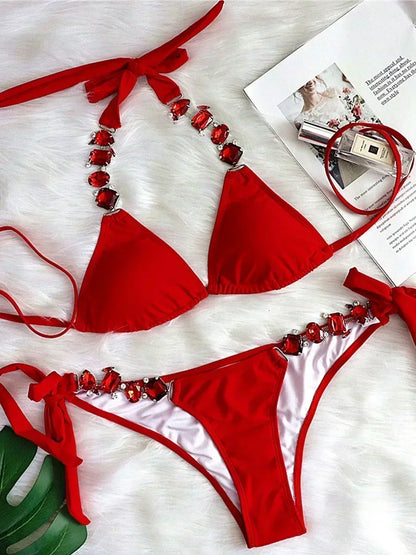 Halter Crystal Rhinestone Diamond Bikini 2025 Female Swimsuit Women Swimwear Two Pieces Bikini set Brazilian Bathing Suit Swim