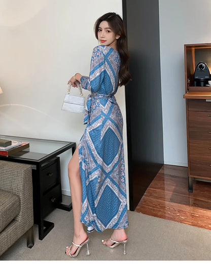 ZAROY Women Wrap Long Dress Summer Sexy V Neck Side Split Party Club Dress Chic Streetwear Elegant Evening Slim Beach Vestidos