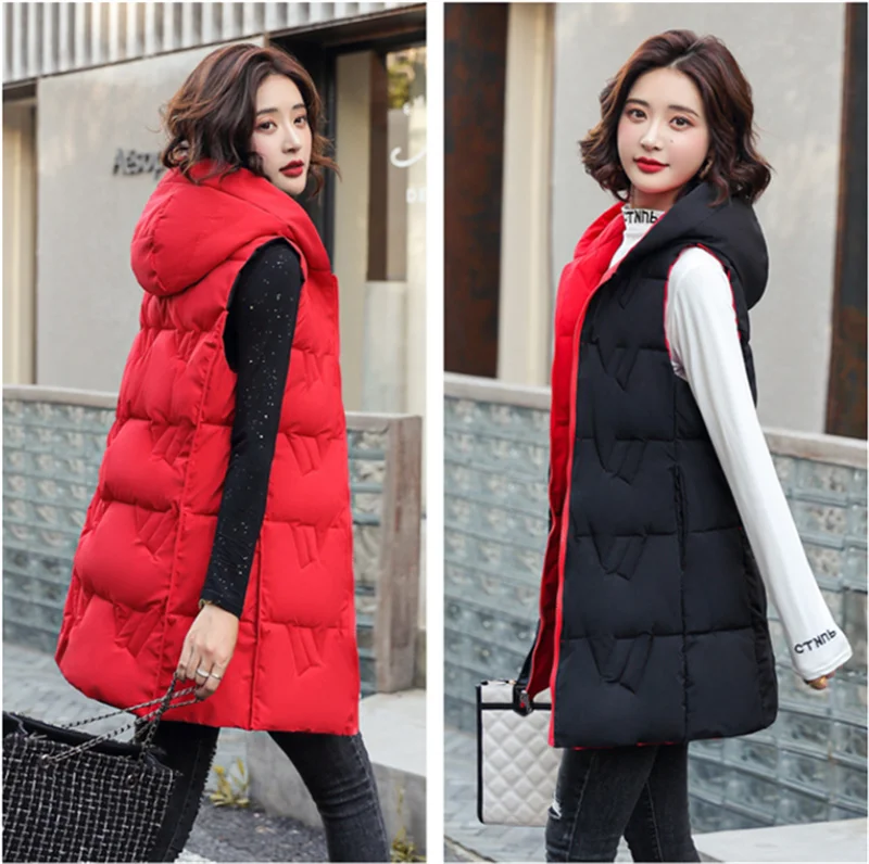 Double Side Vest Korean Slim Hooded Down Cotton Vest Women Waistcoat Sleeveless Jacket 2022 Autumn Winter Jacket Female Coat
