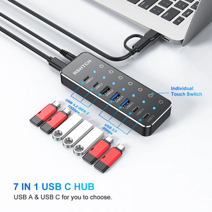 RSHTECH Powered 7 Port 10Gbps Data USB Hubs Individual On/Off  Touch Switches Splitter for Surface Windows PC Laptop Desktop
