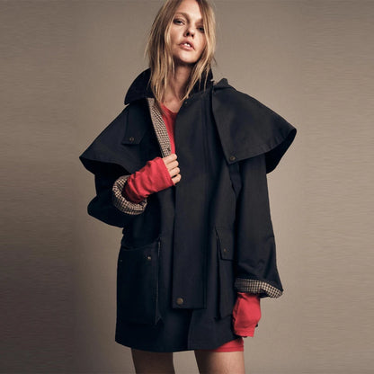 Fashion Casual Cloak Short jacket For Women Navy blue Design Sense Style Detachable Hat Coat 2025 New Lady Autumn Streetwear