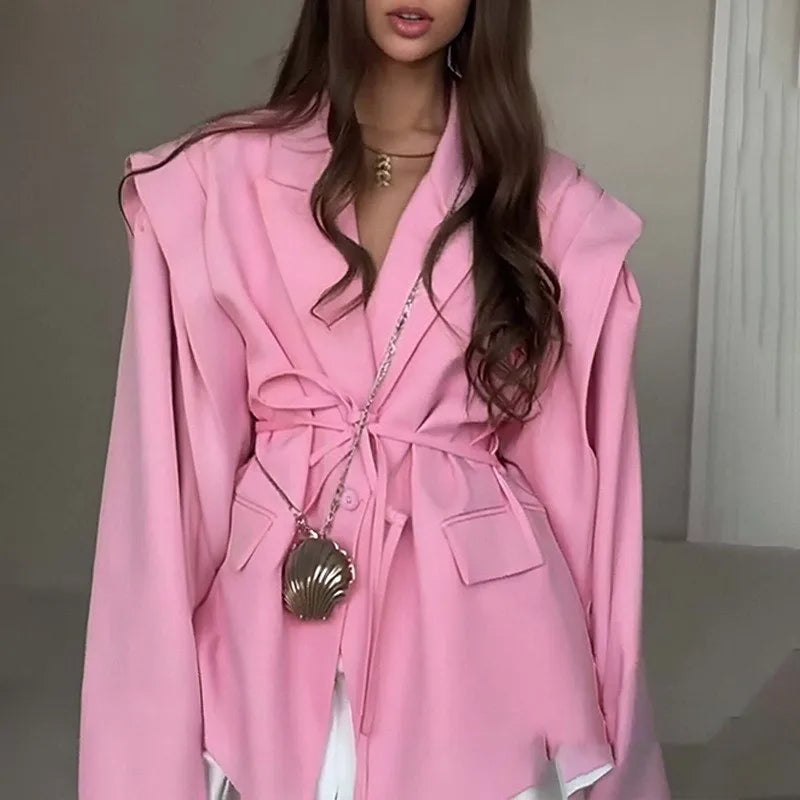 Temperament Commuter Women's Suit Coat 2025 Spring Autumn New Casual Solid Color Fashion Waist Strap Shoulder Cushion Suit Coat
