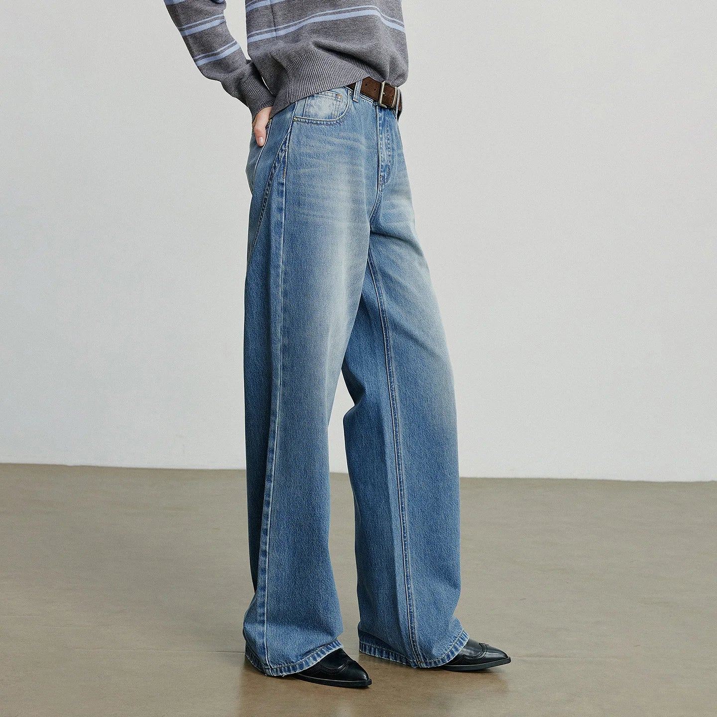 TOYOUTH Women Denim Jeans 2025 Autumn New Cotton High Street Wide Leg Pants Gray