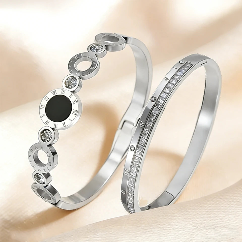 Yupsk Fashion Black Roman Numerals Stainless Steel Bangles Set for Women Men Stainless Steel Couple Bracelet Jewelry Gift