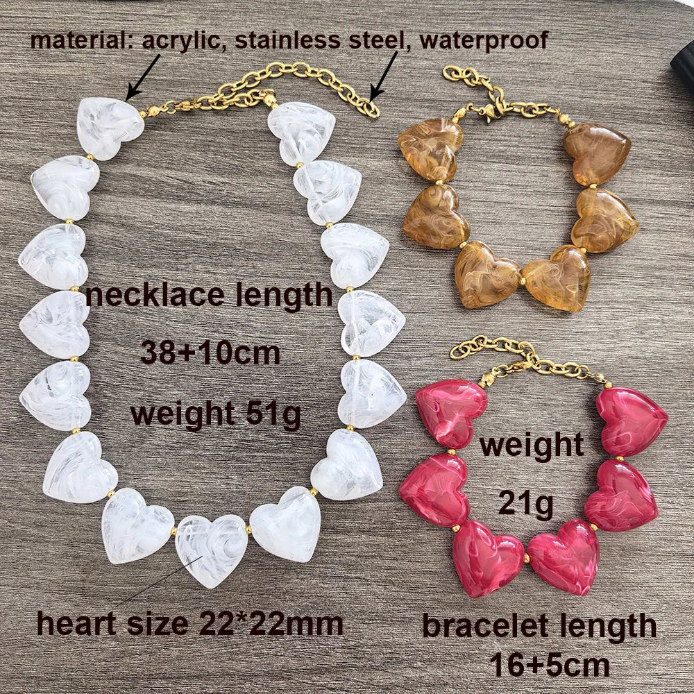 Big Love Heart Necklace Women Choker Statement Bracelet Gold Color Acrylic Beads Stainless Steel PVD Waterproof White Beige Red