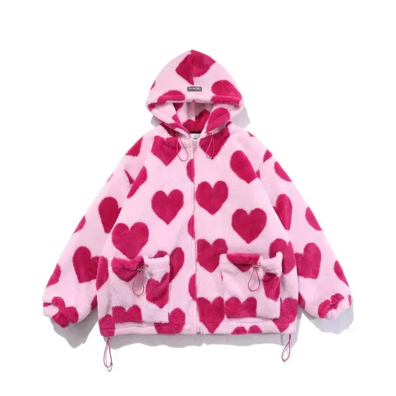 Winter High Street Harajuku Love Printed Rabbit Fur Padded Jacket Men and Women Hong Kong Style Student Hooded Cotton Jacket