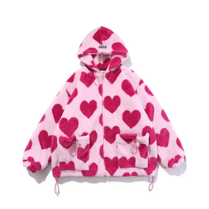 Winter High Street Harajuku Love Printed Rabbit Fur Padded Jacket Men and Women Hong Kong Style Student Hooded Cotton Jacket