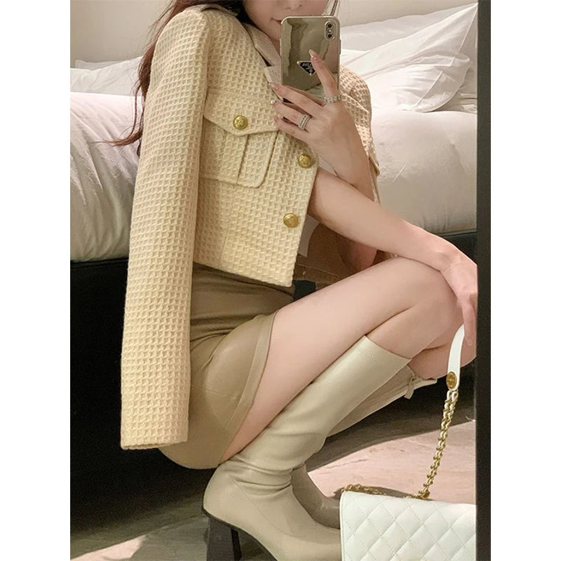 MEXZT Cropped Jackets Women Elegant Basic Blazer Coats Office Lady Korean Autumn Long Sleeve Slim Simple All Match Outwear New