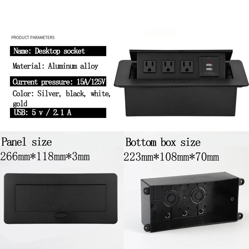 American standard socket embedded hidden desktop socket pop-up slow rise US power socket charging 2 Port USB 5v 2.1A socket