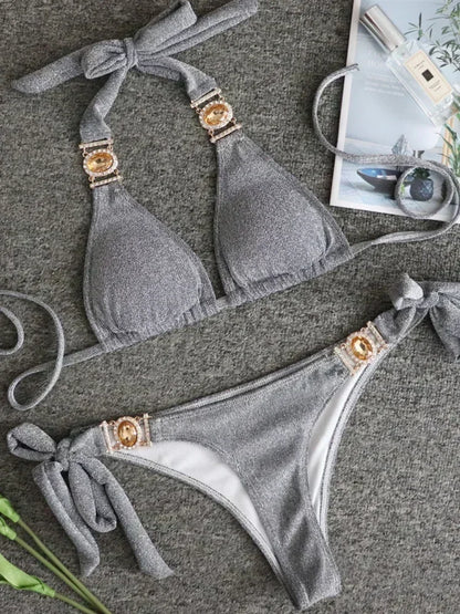 Halter Crystal Rhinestone Diamond Bikini 2025 Female Swimsuit Women Swimwear Two Pieces Bikini set Brazilian Bathing Suit Swim