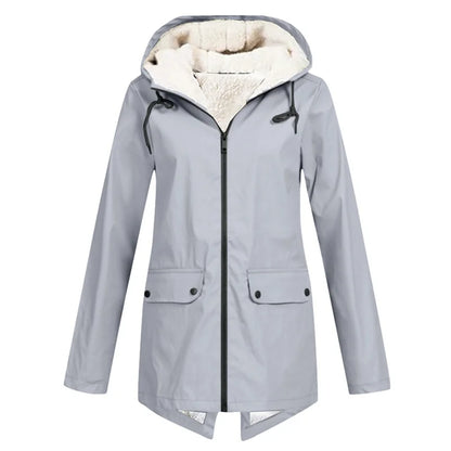 Outdoor Windbreaker Coat Women Trench Coat Waterproof Hooded Outerwear Velvet Thicken Overcoat Zip-up Streetwear Autumn Winter